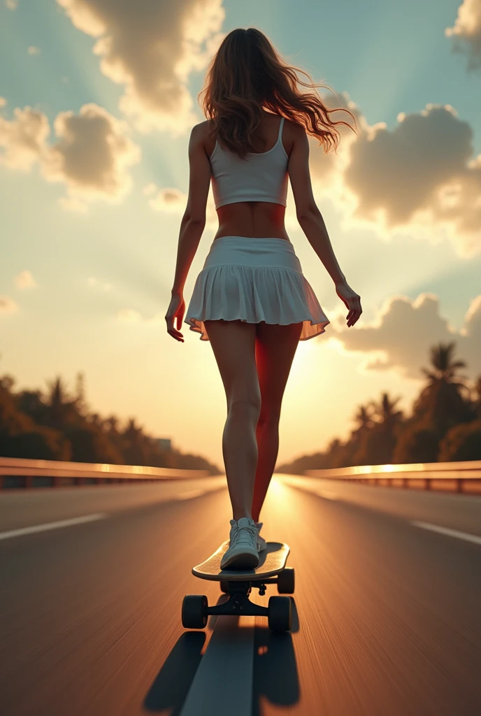 a masterpiece photo realistic image of a stunning cute girl in croptop and mini skirt skate boarding on a highway in high speed movement, squat stance,cinematic motion blur, dramatic light, low angle shot