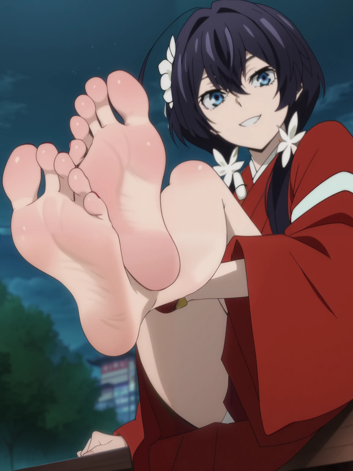 score_9, score_8_up,source_anime,
1girl, Bungo Stray Dogs, Izumi Kyouka ,  long hair, red kimono, red skirt, alone, looking at viewer, cowboy shot, anime screencap, anime coloring in the room，barefoot，Perfect feet，Anatomically correct，soles，low angle，Focal length 35mm, Five toes，front，Symmetrical Soles，Foot Focus, night, in the city, floating, night, lifting legs to show her soles, flirty gaze, flirty smile