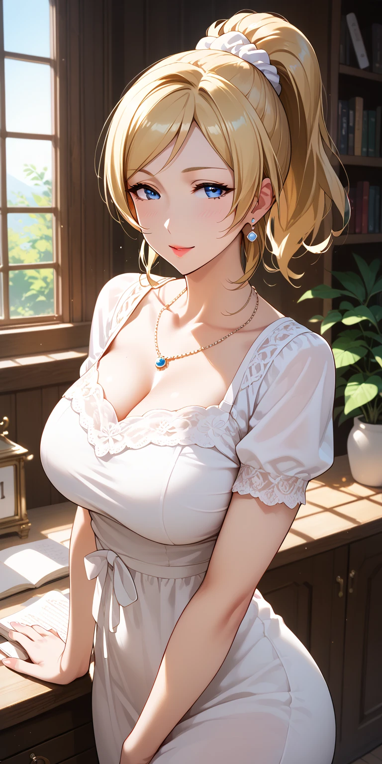 Score_9, Score_8_up, Score_7_up, Source_anime, anime art, anime style, very aesthetic, masterpiece, high quality, 1girl, seductive mature woman, milf, curvaceous, lovelive_eli, white blouse, large breasts, blonde hair, swept bangs, ponytail, white scrunchie, blue eyes