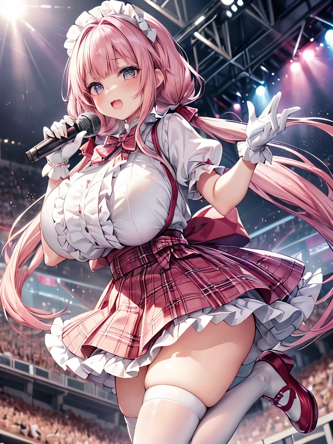 ((highest quality、High resolution、Highly detailed CG Unity 8K wallpaper))、detailed face、perfect body、unparalleled beauty、beautiful breasts、open your legs、shy smile、I&#39;m seducing you、sing、dance、((She lifts up her skirt and shows no panties on the live stage))、Love juice dripping from the vagina