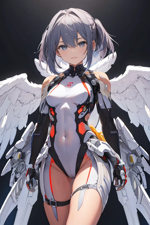 fantasy, 1angel_girl,young_teen, ,silver_hair, short_hair, long_bangs, halo,bare_shoulder,thighhighs,silver_armor, waist_armor, large_breasts,half_eyes,1pair_wings, dynamic_pose_fighting,floating, bare_crotch, headgear,gauntlet, greaves,city_background,slightly_spread_legs, solo, groin_naked,tan_skin,hair_over_one_eye,