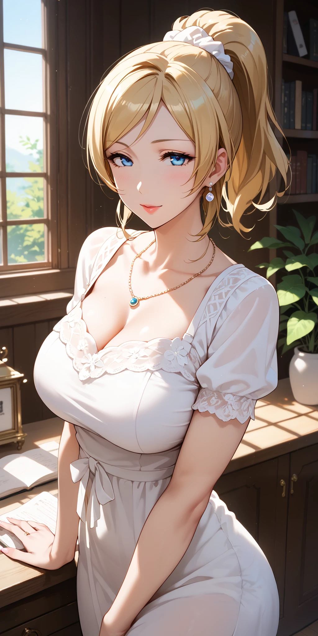 Score_9, Score_8_up, Score_7_up, Source_anime, anime art, anime style, very aesthetic, masterpiece, high quality, 1girl, seductive mature woman, milf, curvaceous, lovelive_eli, white blouse, large breasts, blonde hair, swept bangs, ponytail, white scrunchie, blue eyes