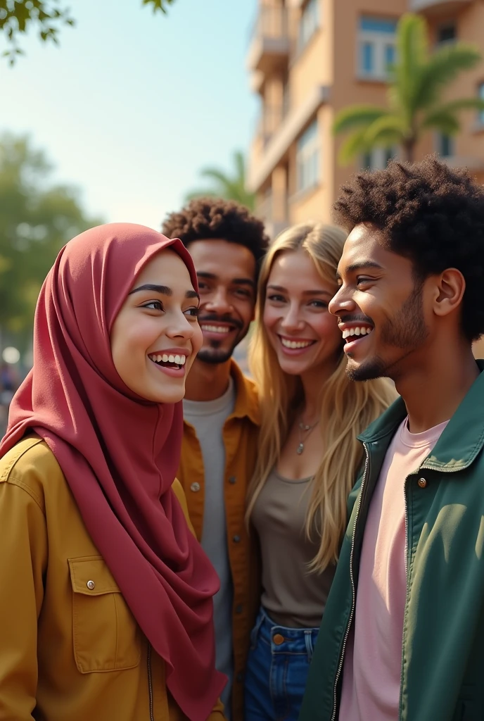 ((3 hijabless man wear jacket sitting), (3 hijabbed woman sitting)), casual fashion, happy expression, white skin people, crowdless background, just concentrate, extreme detail, masterpiece, 4k, cute caricaturized character, proportional, cinematic lighting