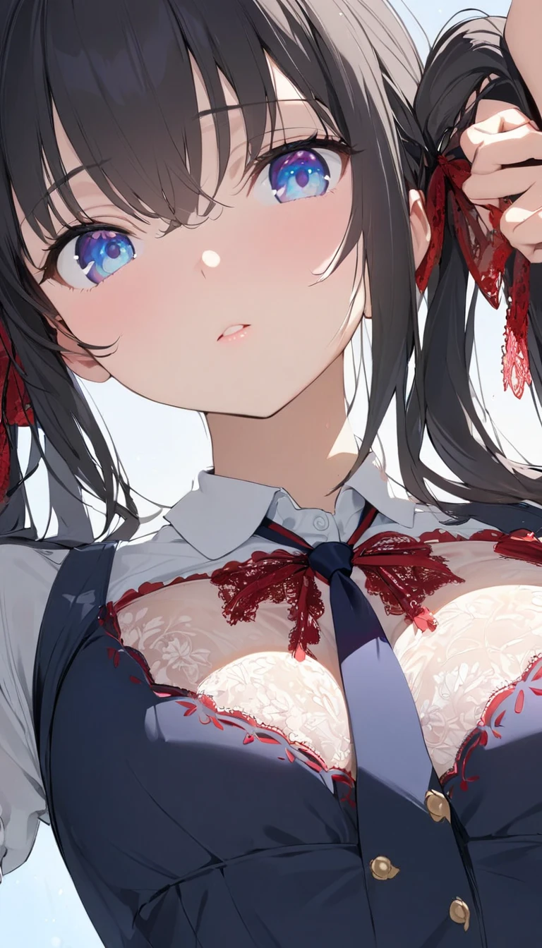  1 girl in uniform, school uniform、Summer clothes、 can you see through bras, extreme close-up below chest , low angle:1.3,( slim、1 person,  cute young woman, , pose using medium bust ,  black hair、 Twin Tail Hair、Azure Eyes、Tie your hair with a large red lace ribbon),delicate beautiful eyes , eyes are drawn in detail , high definition , masterpiece, pictures of girls , cute and beautiful face down to the last detail 、Beautiful Bangs, Bangs between the eyes, ( eyeliner , lipstick:0.9),