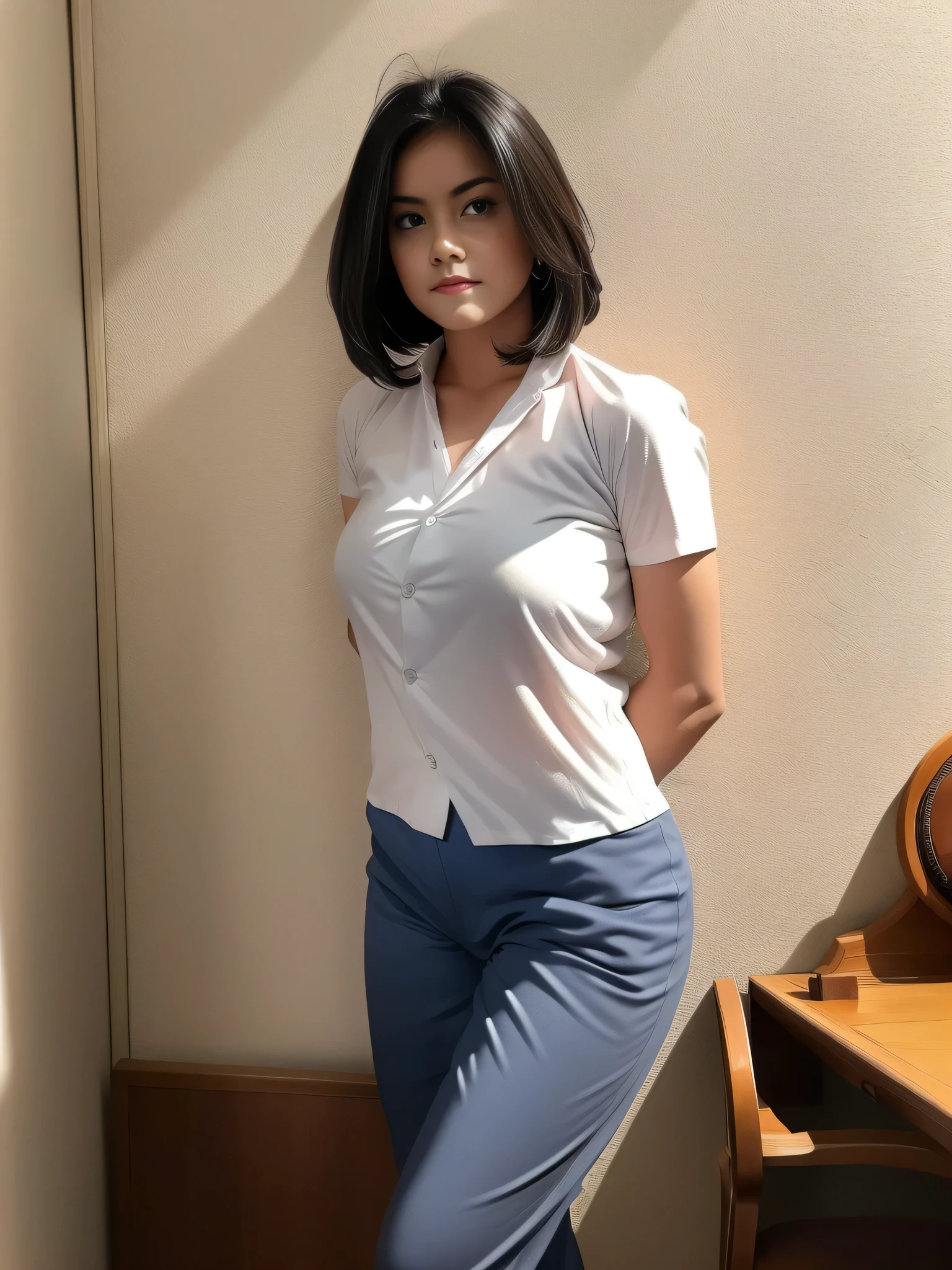 1girl, solo, (Indonesian_high_school_uniform), model pose, Classroom, detailed face, detailed eyes, seductive smirk, wide view, medium breasts, smooth realistic skin, hands behind back, looking at viewers, wearing white shirt, wearing grey blue very short pants, (8k, RAW photo, best quality, masterpiece: 1.2), (realistic, realistic: 1.5), ultra-high resolution