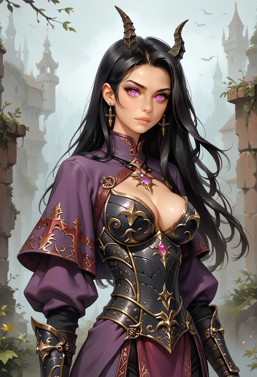 (((Solo focus. Single character image.))) Upper body image. (Masterpiece, best quality, highres:1.3), (((Solo focus. Single character image.))) Upper body image. Long black hair. Smirk. This is a fantasy character portrait. (((Dark and eerie dungeon background.))) Use a similar aesthetic as Disney's Haunted Mansion attraction for this image. Looks like a single character portrait of an exciting, female goth sorceress for a high fantasy setting. Very attractive human female with brooding features. (((Intimidating stare.))) Looks like an exciting fantasy character. (((Looks like a female goth sorceress as a fantasy character.))) Exciting and dramatic, with an excellent fashion sense. She wears fantasy attire, such as a sorceress outfit. Muscular, hyper detailed, gothic art, trending on artstation, Dungeons & Dragons character portrait, intricate details, ultra detailed, ultra detailed clothes, ultra epic masterpiece, ultra detailed, intricate details, award winning, fantasy art concept masterpiece, trending on Artstation, digital art, unreal engine, 8k, ultra HD, centered image
