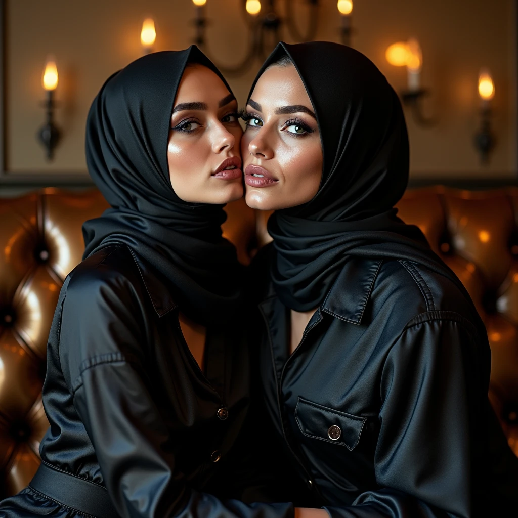 A young glossy-woman with intense-black skin , wearing a colorful, glitter-lacquered-ornate layered-burqa with floral decorations . She has long, dark jilbab tailored and chested and is wearing a slick-black and gold patterned slick-lacquered-satin-suit . The background is blurred, suggesting an palm-cafe or beach-cafe setting,

coquette funeral gothics, shallow depth-of-field, two exhausted intertwined gothic burqa gothics kiss closer while wearing a latex liquid-lacquered jilbab, lewd lesbians together petting too sensually excited, wear enormous glossy shimmering eyeliner eyeshadows lipstick blush rouge makeup, sparkling liquid-lacquered wrap blouse with button-front gothic glossy latex liquid-lacquered jilbab, enormous glittery eyeshadows & lipstick, 'very strongly colored eyelids with broad wide big glossy eye-shadow & enormous glossy eyeshadows' & 'thick eyebrows', wearing a smooth transparent 'glossy satin latex' purple satin iridescent blouse with ruffles & 'gold pleated glossy liquid-lacquered latex' glossy skirt with button-placket, adorned with a pleated purple reflective mirroring satin, with button-placket & dark-brown shiny mirroring gloves, golden long-sleeved floor-length glossy satin vest with a button-placket & glossy brown latex long-tunic shimmer wetlook glitter leggings & latex jilbab with high-collar blouse