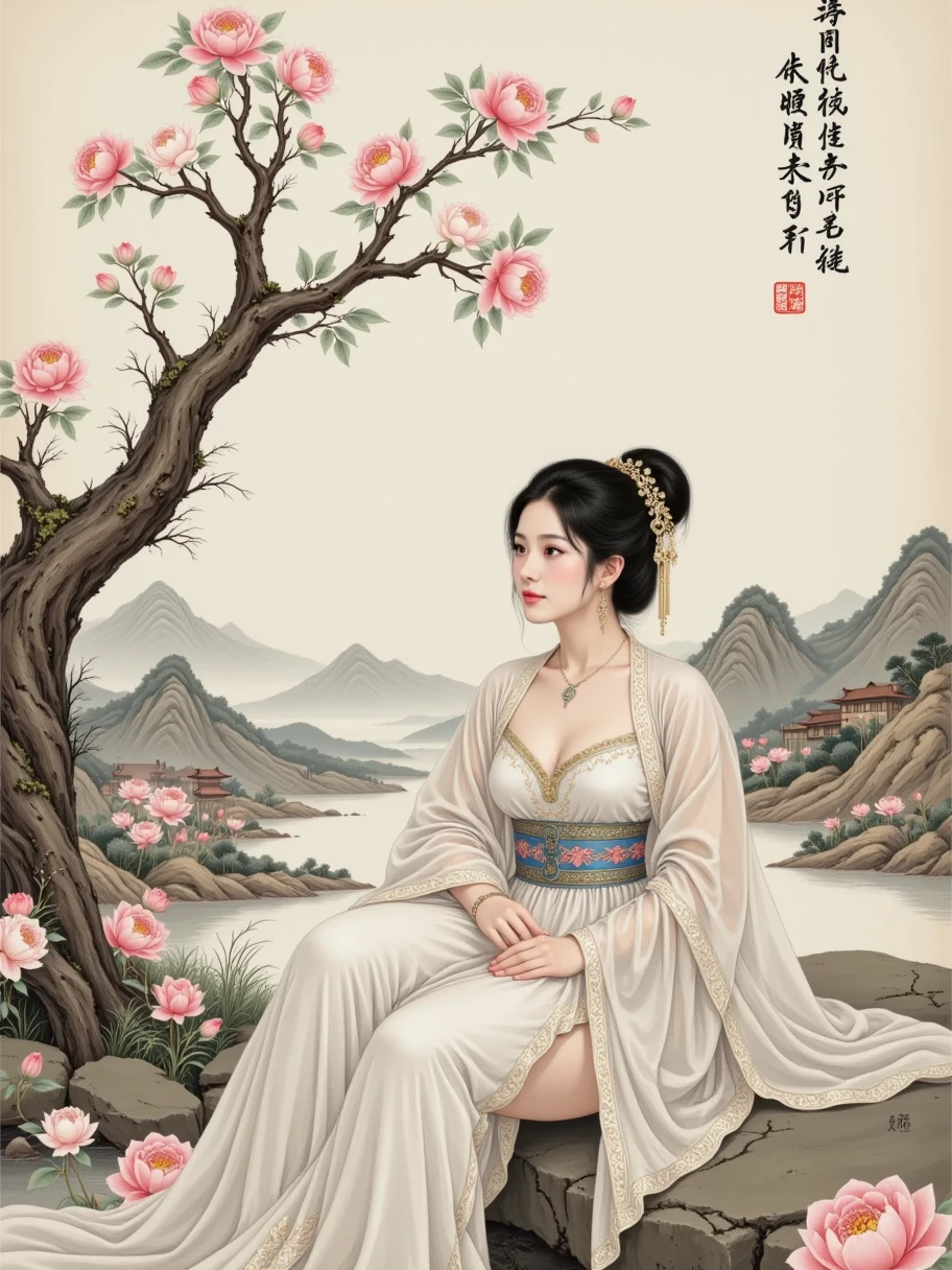 lace，Traditional Chinese landscape，Beige background， Light Grey Fine Grain Texture， Old Paper Texture ， Featured Chinese Art ，Song Dynasty，Rice paper，Goofy, 1girl， Grab a Dust Pen ，Lone clouds，Sit Alone ，Jingting Mountain，Never tire of watching