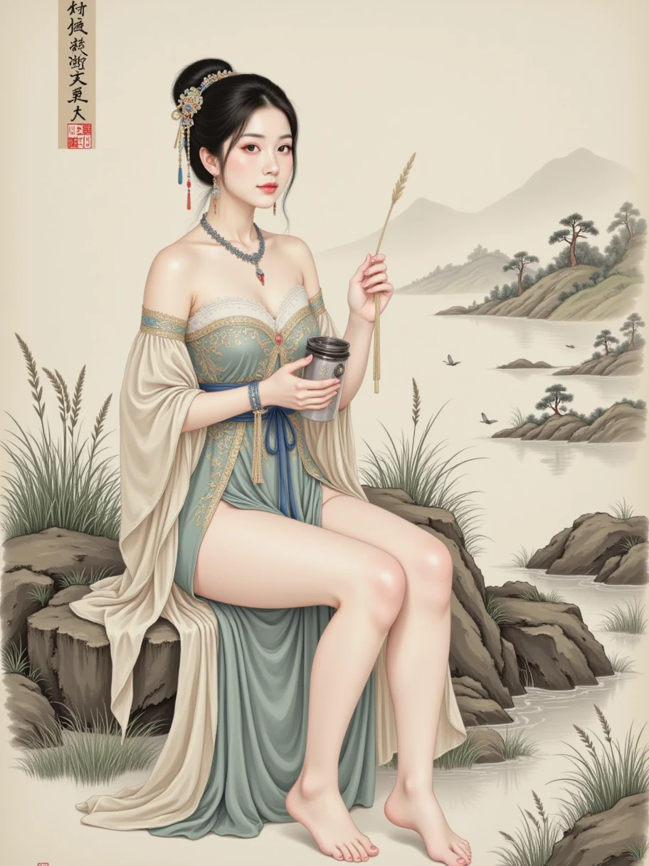 lace，Traditional Chinese landscape，Beige background， Light Grey Fine Grain Texture， Old Paper Texture ， Featured Chinese Art ，Song Dynasty，Rice paper，Goofy, 1girl， Grab a Dust Pen ，Lone clouds，Sit Alone ，Jingting Mountain，Never tire of watching