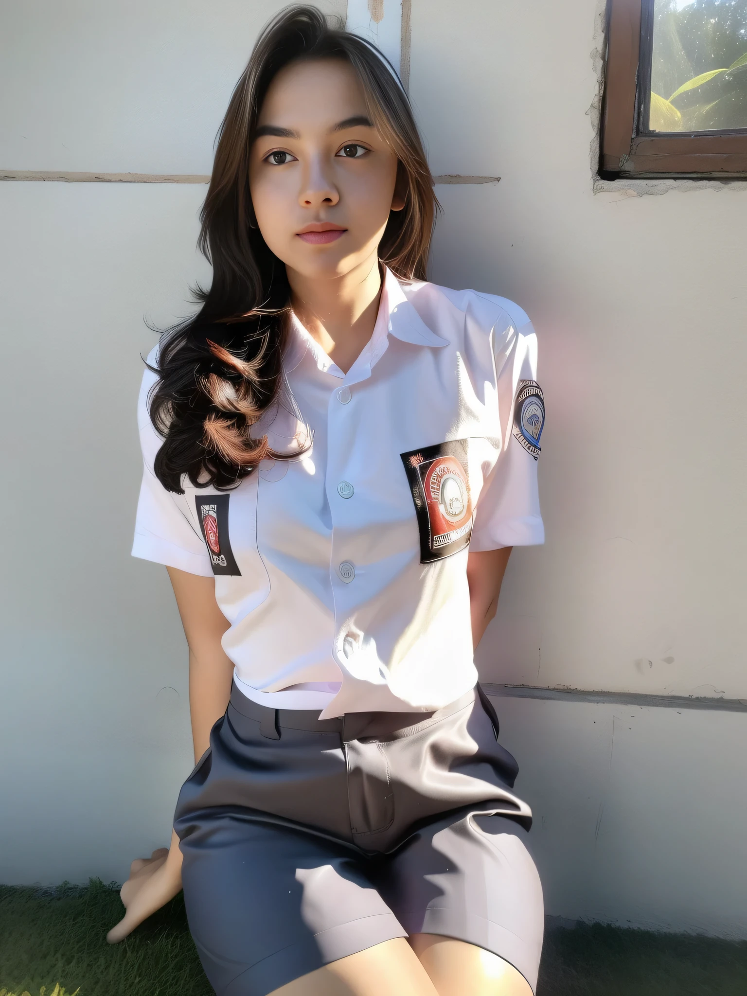 Masterpiece , Adorable , Best Quality , Beautiful 18 Years Old , Colossal Breast , Cleavage , (White High School Uniform) , (Blue High School Skirt) , Hime Cut Hairstyle , Sitting , In Classroom , Extreme Detailed , EF 24-70mm f/2.8L II USM Lens , Front Facing