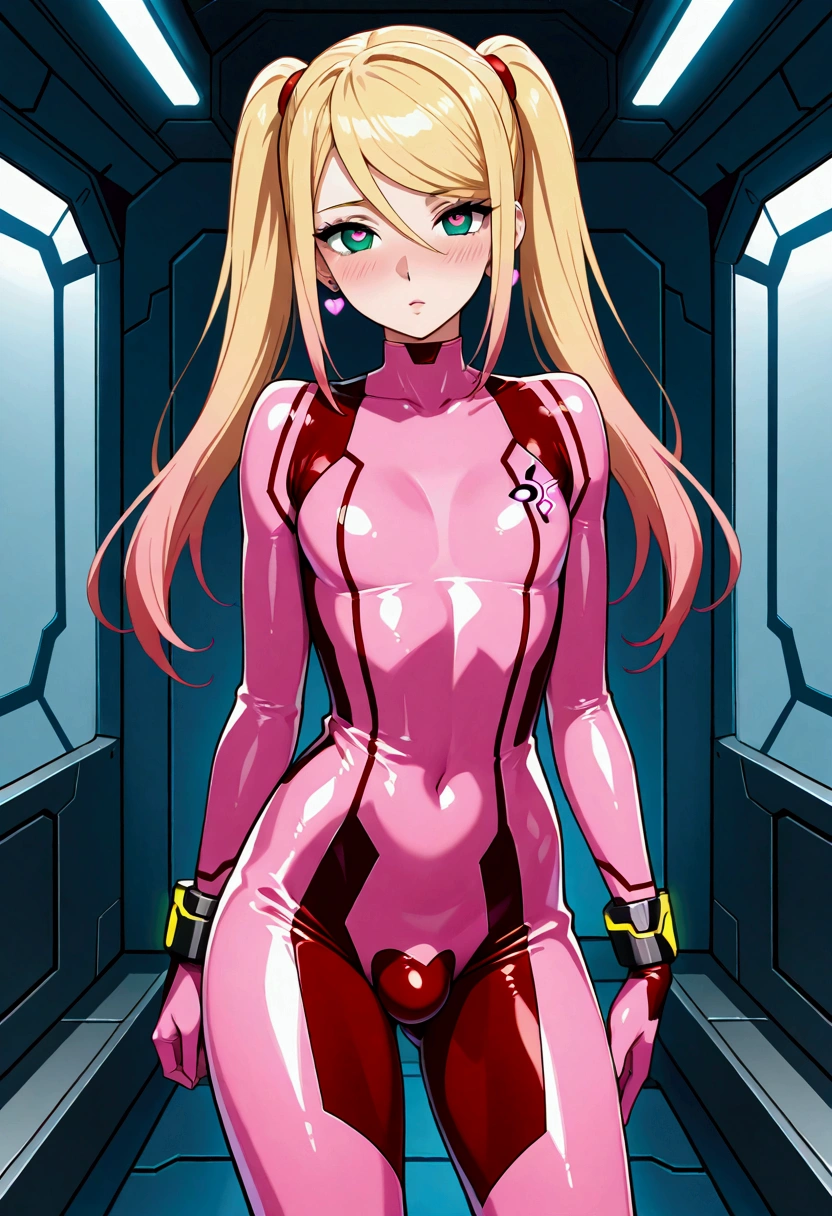 (((masterpiece))), (((best quality))), ((ultra-detailed)), (cinematic lighting), (illustration), (beautiful detailed eyes), (1girl), full body, looking at viewer, large breasts, bed, dakimakura \(medium\), blush, ((grabbing own breast)), open mouth, sexually suggestive, smug, smile, alice \(nikke\), (pink bodysuit), animal ear headphones, shiny clothes, twintails, latex bodysuit
