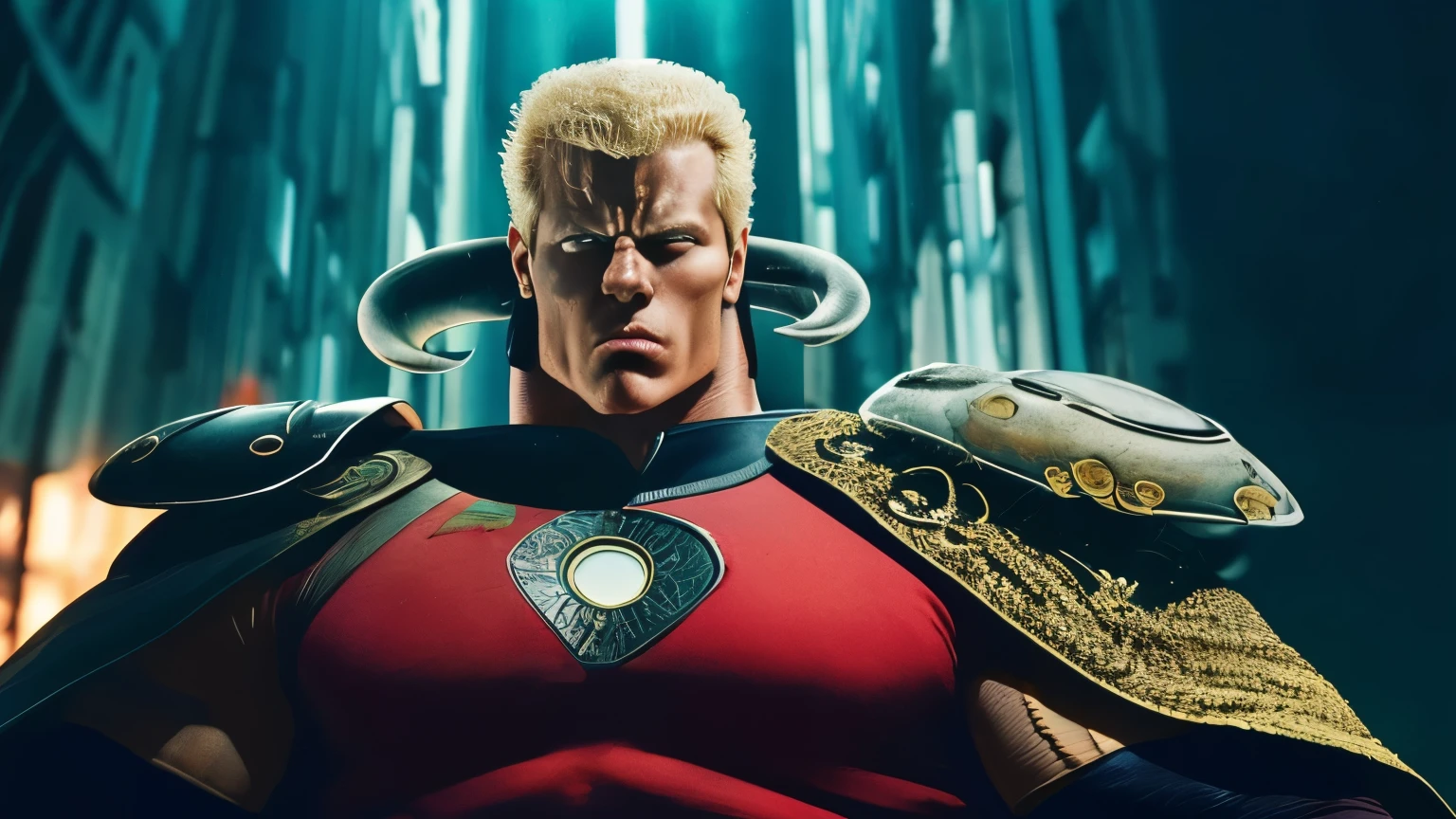 8K images、Raoh from Fist of the North Star(:1.5)、doping 、Muscular、 Fearless Confidence 、Face of Grudge 、 staring at me 、 glowing eyes、 bodybuilder physique 、black cape 、ruins、strobe、 black background、 head close-up 、whole body、 stand with your legs open、 battle pose、whole bodyから立ち上る湯気、Fighting spirit、halo、戦場のruins、  in a circle