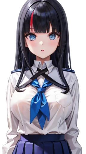   masterpiece  ,  high image quality,  super detailed,  1 girl in uniform, Alone,  team up, FGO Eris, ( school uniform),  glossy lips ,  open lips、 black hair long hair, big breasts、