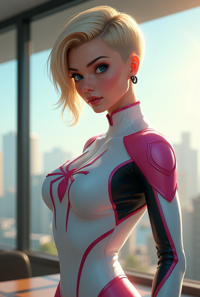 blond haired woman in a pink and white costume sitting on a ledge, ( ( spiderwoman ) ), cyber suit, gwen stacy, inspired by Yanjun Cheng, yanjun chengt, ross tran 8 k, realistic cosplay, spider - gwen, spider-gwen, spider gwen, cybersuit, futuristic style spiderman, perfect android girl, cybersuits