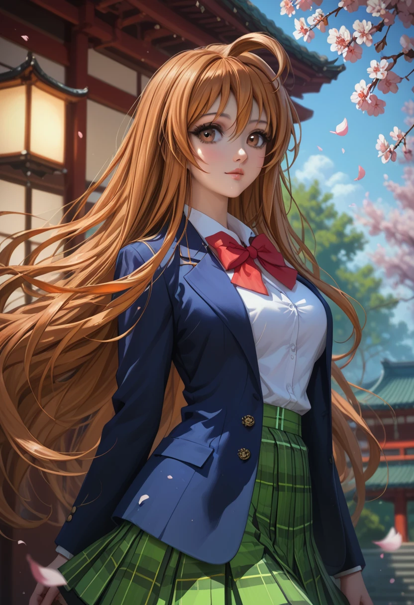 score_9, score_8_up, score_7_up, 1girl, solo, beautiful waifu, thicc, sexy woman, (Aya Natsume, natsume aya, orange hair, long hair, brown eyes, ahoge:1.2), wearing (white school uniform, skirt, bow, plaid, green plaid skirt:1.1), (blue blazer:1.1), detailed eyes, detailed face, flirt, (sexy pose:1.2), in beautiful Kyoto park, cherry blossoms, lowlight, early evening, shallow depth of field.