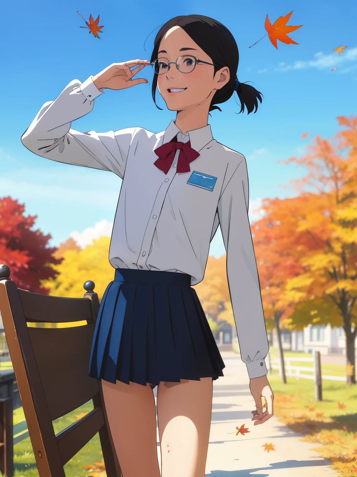 (   super flat  ,    flat shading to bring panties to the side )，  girl ，baby face， Very short ，     Figure Temptation   ，   Very Small Flat Chest，   my chest is so flat and bulging  ，   very thin limbs，   thin thighs   ，Short legs，long sleeve uniform:1.2，Name tag on chest，    short pleated skirt standing on a chair ， On the way home from the riverside in the fall    ，   fallen leaves due to uterine bleeding  ，Pee stains:1.2，Glasses，smile，   I'm a little shy   ，Autumn blue sky，   bright   ，  low angle，   bright   色，watercolor，Ghibli style，   indivual々 accurate and detailed temptations of a woman's fingers   ，