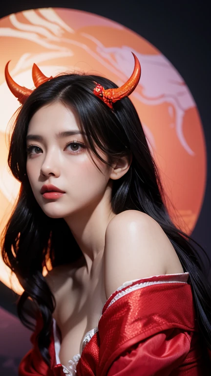 there is a cute woman in a red dress with horns on her head, realistic 