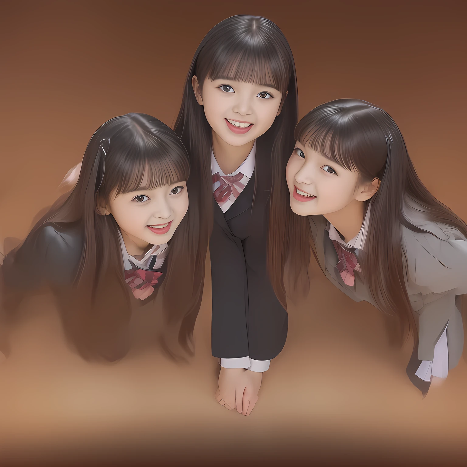 (Highest quality, masterpiece:1.2), Highest quality, High resolution, 1080P, 8k, clearly detailed, (Three girls are bending to hug the viewer, Noble super-pretty shining-long-hair super-beautiful super-bewitching super-cute expensive school-uniform pretty slender 14yo-fashion-model of most-beautiful-school-uniform-girl-models photo-magazine in Japan, too beautiful aristocratic daughter laughing at the viewer, in supreme bliss, accepts the viewer's every desire: 2.0), (The viewer is lying and looking up her, She is looking down the viewer from the direct-above, she is pressing the viewer with her legs: 1.5), (long bottom eye-slashes, long top eye-slashes), (very bewitching beautiful full-open lips: 1.4), (neat gorgeous school uniform of private high school in Japan. navy-school-blazer with gold-emblem, super-neat navy-blue-lined-tartan-checkered light-blue-pleats-school-skirt, super-girly plain-red ribbon on the breast: 1.5), (bewitching expression, smile, lips, and pose to corrupt the viewer, everything is planned and prepared to corrupt the viewer into the allusion of love towards the girl: 1.2), (clearly detailed foreground focusing on girl's beauty and cuteness, gorgeous blue girly bed background of full-of-girls girly-heaven: 1.2), (extending her arms to the viewer like requesting hugging, calling out the name of the viewer loudly), (navy checkered school skirt), (several golden heart cute accessories), (Three girls are bending down and looking down and touching the camera just below them. Take a shot of girl's faces from below them: 2.0)