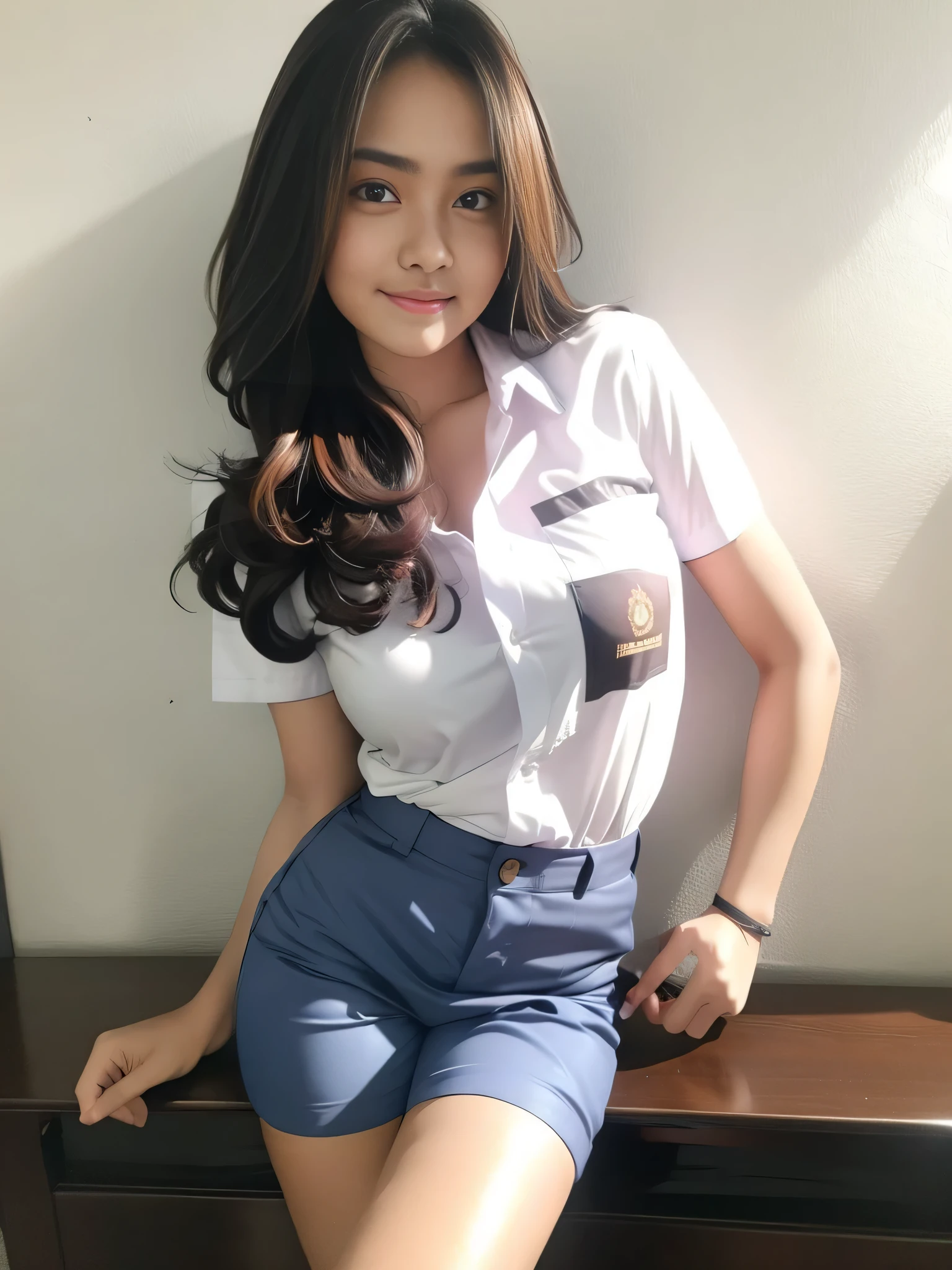 1girl, solo, (Indonesian_high_school_uniform), model pose, Classroom, detailed face, detailed eyes, seductive smirk, wide view, medium breasts, smooth realistic skin, hands behind back, looking at viewers, wearing white shirt, wearing grey blue very short pants, (8k, RAW photo, best quality, masterpiece: 1.2), (realistic, realistic: 1.5), ultra-high resolution