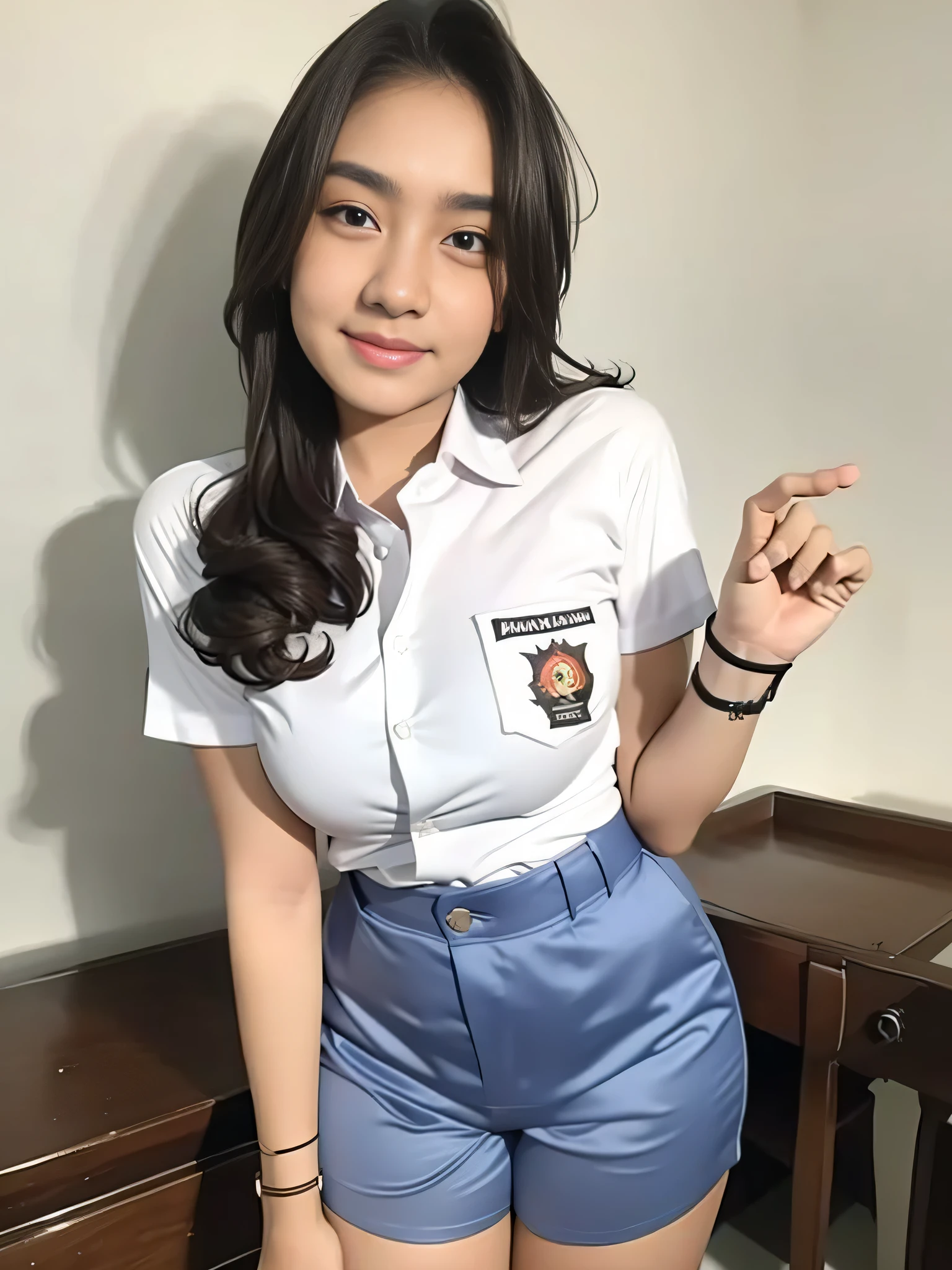 1girl, solo, (Indonesian_high_school_uniform), model pose, Classroom, detailed face, detailed eyes, seductive smirk, wide view, medium breasts, smooth realistic skin, hands behind back, looking at viewers, wearing white shirt, wearing grey blue very short pants, (8k, RAW photo, best quality, masterpiece: 1.2), (realistic, realistic: 1.5), ultra-high resolution