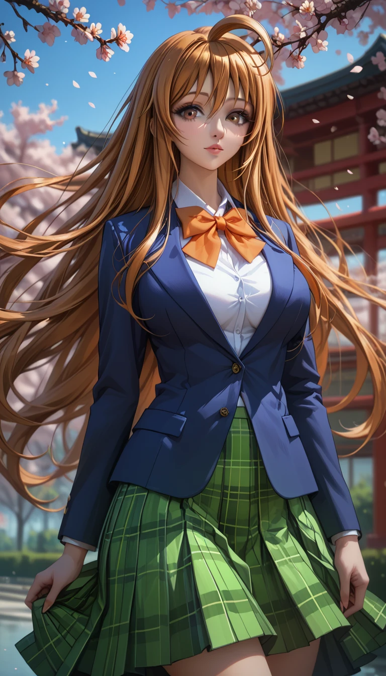 score_9, score_8_up, score_7_up, 1girl, solo, beautiful waifu, thicc, tall, mature sexy woman, (Aya Natsume, natsume aya, orange hair, long hair, brown eyes, ahoge:1.2), wearing (white school uniform, skirt, bow, plaid, green plaid skirt:1.1), (blue blazer:1.1), detailed eyes, detailed face, flirt, (sexy pose:1.2), in beautiful Kyoto park, cherry blossoms, lowlight, early evening, shallow depth of field.