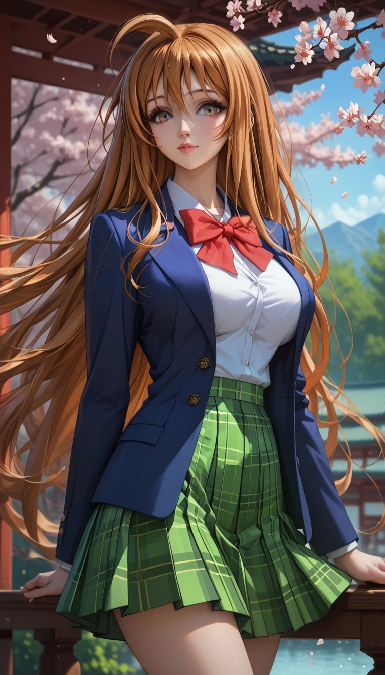 score_9, score_8_up, score_7_up, 1girl, solo, beautiful waifu, thicc, tall, mature sexy woman, (Aya Natsume, natsume aya, orange hair, long hair, brown eyes, ahoge:1.2), wearing (white school uniform, skirt, bow, plaid, green plaid skirt:1.1), (blue blazer:1.1), detailed eyes, detailed face, flirt, (sexy pose:1.2), in beautiful Kyoto park, cherry blossoms, lowlight, early evening, shallow depth of field.