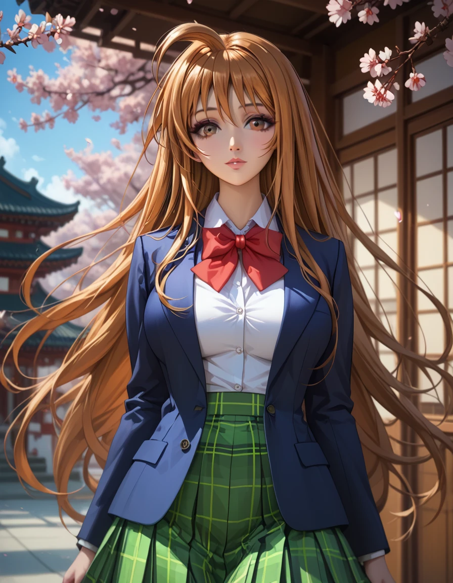 score_9, score_8_up, score_7_up, 1girl, solo, beautiful waifu, thicc, tall, mature sexy woman, (Aya Natsume, natsume aya, orange hair, long hair, brown eyes, ahoge:1.2), wearing (white school uniform, skirt, bow, plaid, green plaid skirt:1.1), (blue blazer:1.1), detailed eyes, detailed face, flirt, (sexy pose:1.2), in beautiful Kyoto park, cherry blossoms, lowlight, early evening, shallow depth of field.