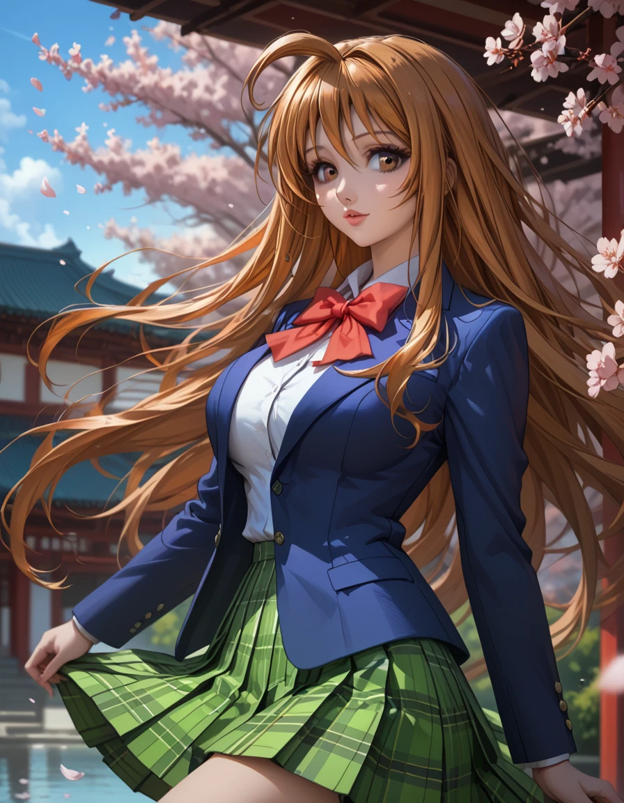 score_9, score_8_up, score_7_up, 1girl, solo, beautiful waifu, thicc, tall, mature sexy woman, (Aya Natsume, natsume aya, orange hair, long hair, brown eyes, ahoge:1.2), wearing (white school uniform, skirt, bow, plaid, green plaid skirt:1.1), (blue blazer:1.1), detailed eyes, detailed face, flirt, (sexy pose:1.2), in beautiful Kyoto park, cherry blossoms, lowlight, early evening, shallow depth of field.