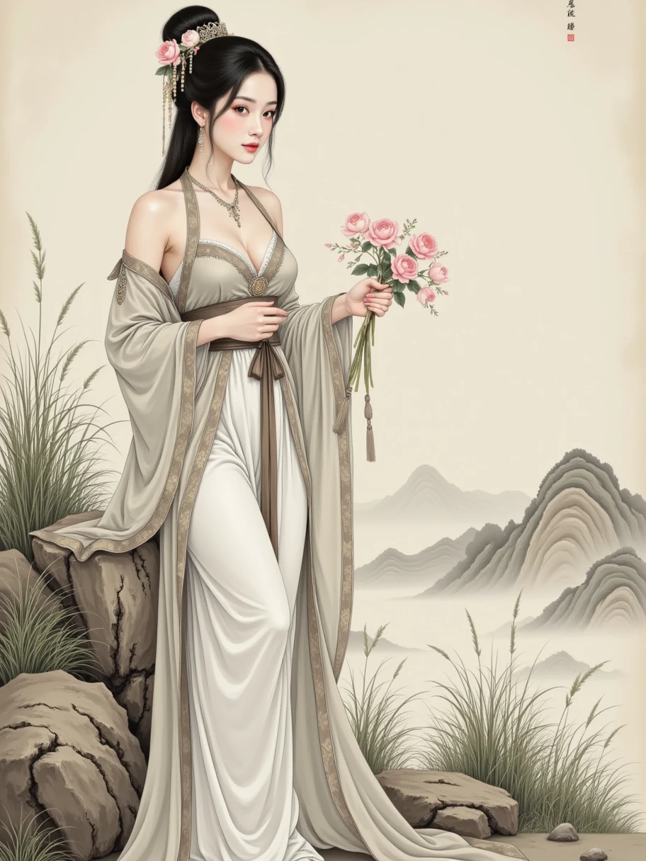 lace，Traditional Chinese landscape，Beige background， Light Grey Fine Grain Texture， Old Paper Texture ， Featured Chinese Art ，Song Dynasty，Rice paper，Goofy, 1girl， Grab a Dust Pen ，Lone clouds，Sit Alone ，Jingting Mountain，Never tire of watching