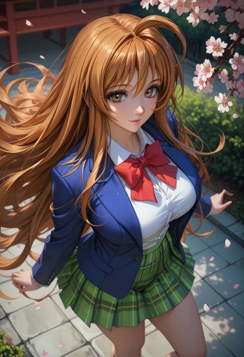 score_9, score_8_up, score_7_up, 1girl, solo, beautiful waifu, thicc, tall, mature sexy woman, (Aya Natsume, natsume aya, orange hair, long hair, brown eyes, ahoge:1.2), wearing (white school uniform, skirt, bow, plaid, green plaid skirt:1.1), (blue blazer:1.1), detailed eyes, detailed face, flirt, (sexy pose:1.2), in beautiful Kyoto park, cherry blossoms, lowlight, early evening, shallow depth of field, (high angle, shot from above:1.3).