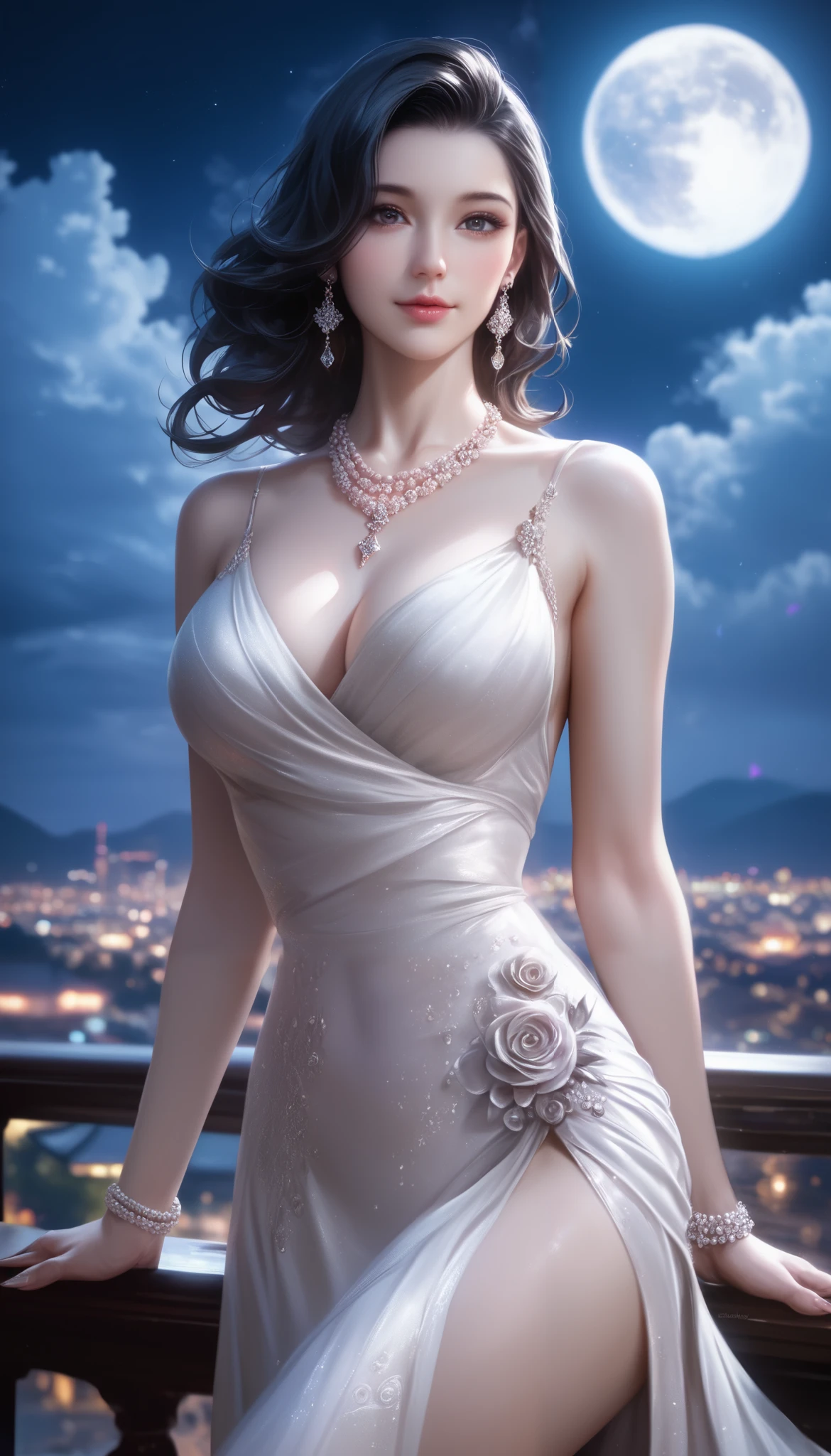(best quality,4k,8k,highres,masterpiece:1.2),ultra-detailed,(realistic,photorealistic,photo-realistic:1.37),supermodel walking on the red carpet,beautiful figure,female,wearing a white dress,beautiful detailed eyes,beautiful detailed lips,light smile of superiority,paparazzi taking pictures,light wave,outside,caucasian,long dark brown hair,,beautiful perfect eyes,nighttime,luxurious vibe,stunning appearance,confident attitude,graceful steps,perfect posture,graceful movement,flawless skin,shimmering dress,sparkling jewelry,high-heeled shoes,glamorous aura,effortless elegance,proud gaze,admiring fans,red carpet moment,razzle-dazzle,flashy lights,vibrant atmosphere,energetic cityscape,bustling streets,illuminated skyline,urban chic,nighttime glamour,city lights reflecting on the dress,exquisite details,picturesque setting,celebrity status,fashion icon,show-stopping beauty.