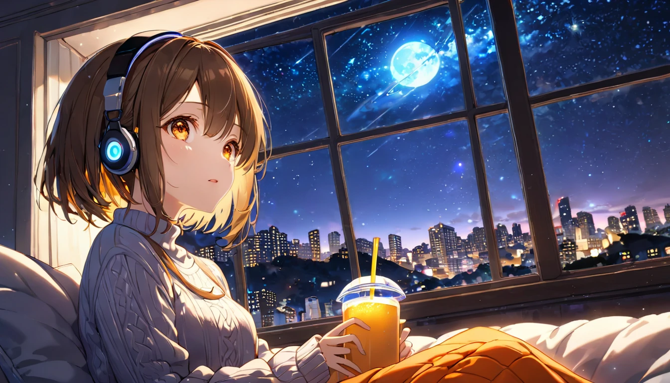 background：By the window in the room、 stars twinkling in the night sky 。  
expression：目を閉じてリラックスしたexpression。  
Costume： thick knit and warm skirt 。  
 pose：Sitting on a cushion by the window 、 holding a hot drink while watching the starry sky。  
scene：( brown-haired girl wearing headphones ), ( quiet night looking up at the starry sky by the window ), (glowing:1.4), ( very detailed , masterpiece,  top quality,  bright ), ( Anime Style), ( upper body or close-up ), ( orange eyes), (masterpiece:1.2), (best quality), (ultra detailed), (extremely detailed), (absolutely resolution), absurdres, 8k, 1girl, beautiful-landscape-background, shiny skin, break, ultra detailed eyes, bobcut。  
