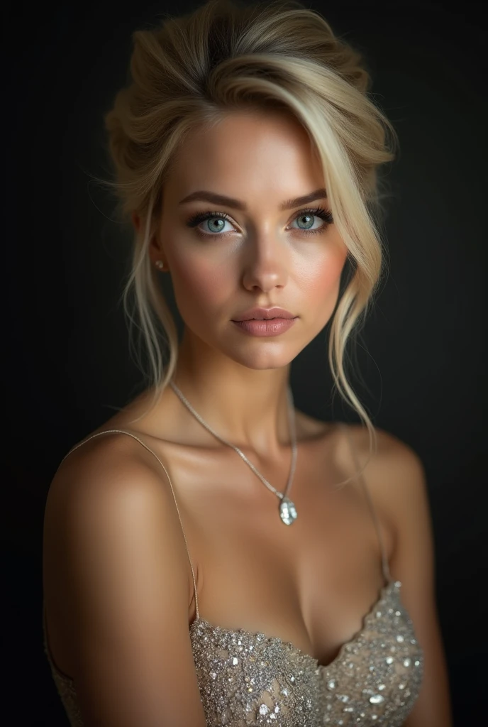 aesthetic looking woman (Age 22). blonde hair in a formal bun, snow white skin and baby blue eyes, contour on the pink cheekbones, serious expression, She wears a black top, and the handle is chain style, closeup, Bedroom Scenario