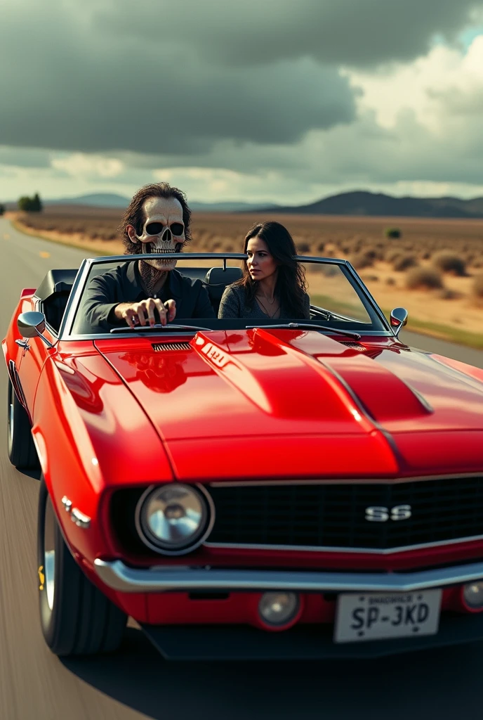 Damon Salvatore a hot muscular gothic guy and Sara, a short black-haired lady, sit on the hood of their Black Mustang GT, holding up their cold drink cola cans in a cheers pose, celebrating in the sunny weather.