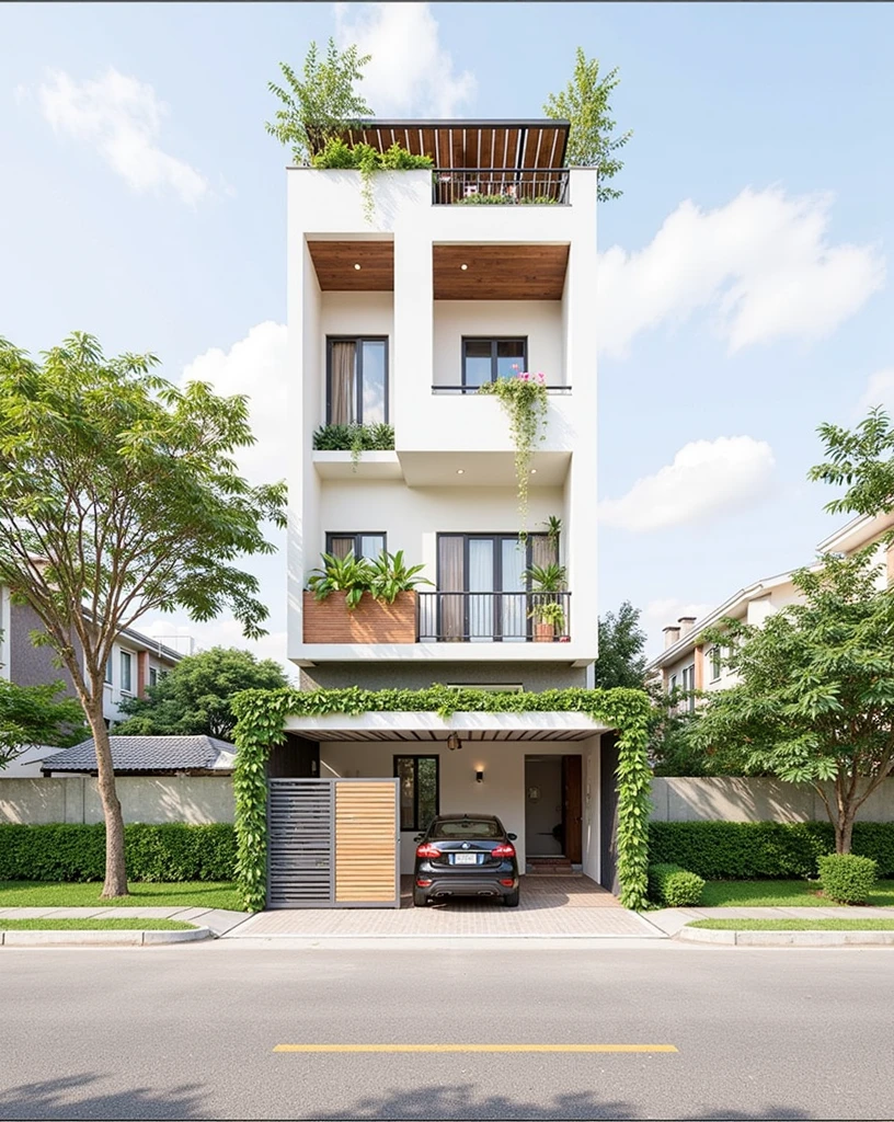 This image showcases a contemporary town-story house design, typical of urban Vietnamese architecture. The design prioritizes vertical space, integrates natural elements, and maintains a clean, modern aesthetic.
Structure and Form: The house is tall and narrow, maximizing the use of a limited footprint. The facade is primarily a light gray or concrete finish, providing a neutral backdrop. Clean lines and rectangular shapes define the structure.
Greenery: Integrated plants and greenery are a key feature. Planter boxes on each balcony and cascading vines create a vertical garden effect, softening the building's hard lines and bringing nature into the urban environment. The top floor features a more substantial planter box with a variety of plants, including some flowering species. A light-colored wood privacy screen on the top floor adds warmth and complements the greenery.
Entrance and Gate: The ground floor features a combined entrance and garage space. The gate is a mix of dark gray metal and warm-toned wood, adding visual interest and a touch of elegance. A low hedge provides privacy and defines the boundary of the property.

Windows and Balconies: Large windows and glass doors on each floor maximize natural light and ventilation. The windows likely have dark frames, creating a contrast with the lighter facade. The balconies have simple metal railings.

Rooftop Structure: A metal and glass awning or pergola covers the rooftop terrace, providing shade and a designated outdoor space.

Surroundings and Context: The house is situated in an urban environment, with trees and other buildings visible in the background. A black car parked on the street adds to the sense of scale and suggests an urban setting.

Overall Impression: The house design is modern, functional, and environmentally conscious. The integration of greenery softens the urban setting and creates a visually appealing facade. The mix of materials, including concrete, wood, and metal