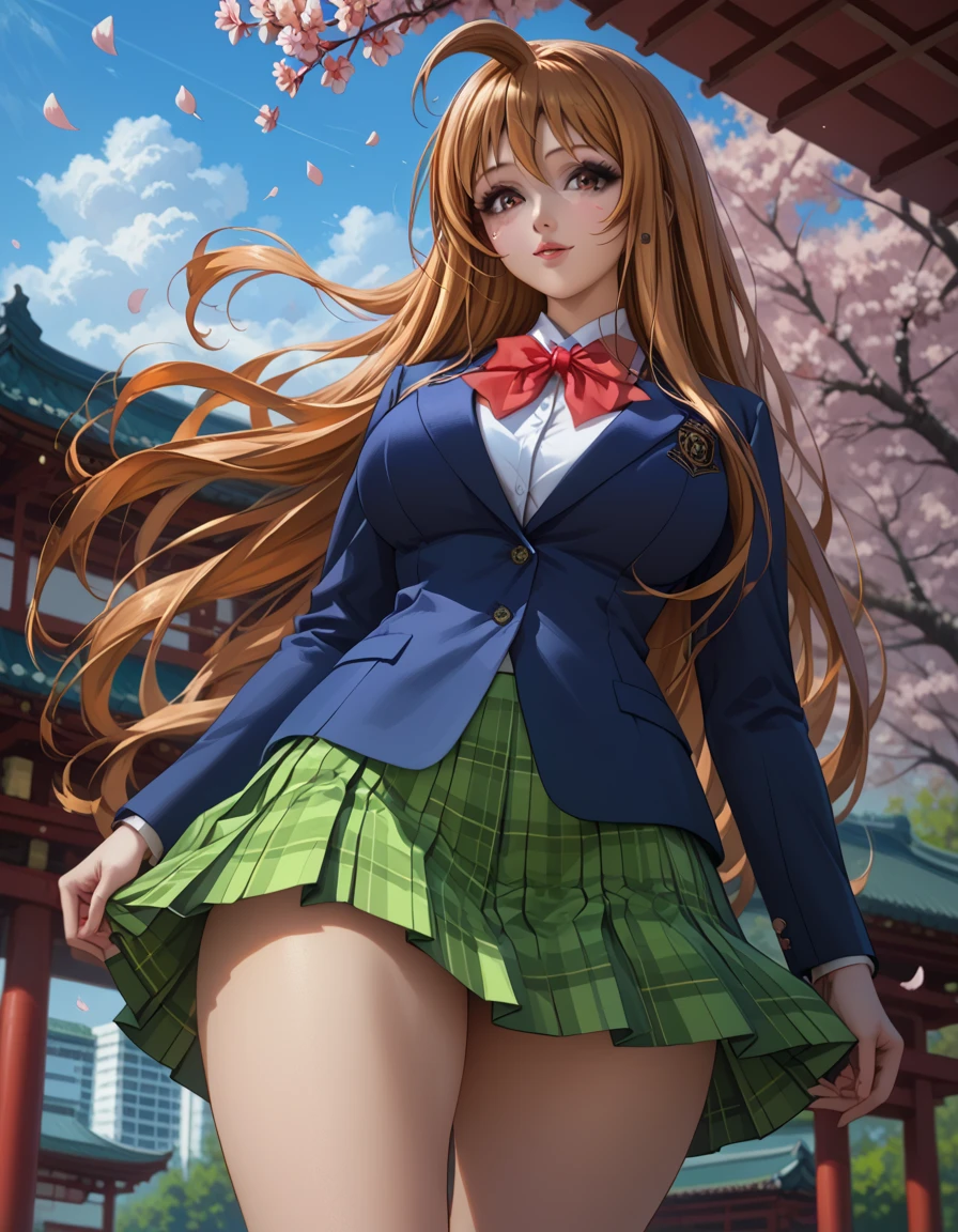 score_9, score_8_up, score_7_up, 1girl, solo, beautiful waifu, thicc, tall, mature sexy woman, (Aya Natsume, natsume aya, orange hair, long hair, brown eyes, ahoge:1.2), wearing (white school uniform, skirt, short skirt, bow, plaid, green plaid skirt:1.1), (blue blazer:1.1), detailed eyes, detailed face, flirt, (sexy pose:1.2), in beautiful Kyoto park, cherry blossoms, lowlight, early evening, shallow depth of field, (low angle:1.2).