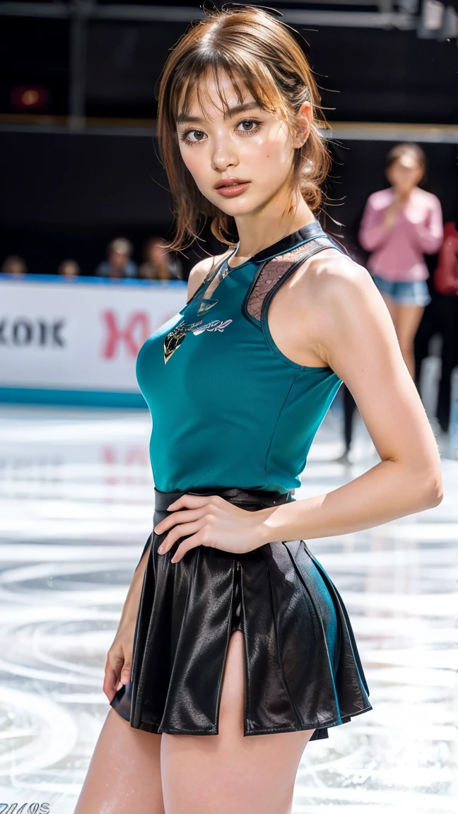 (8k, best quality:1.3), (extremely detailed:1.2), perfect anatomy, beautiful Japanese woman, 18 years old, healthy thighs, beautiful legs, beautiful skin, random hair color, random hairstyle, large breasts, (she is standing:1.2), female figure skater, figure skating outfit, (miniskirt:1.3), full body shot, skate shoes, skating rink