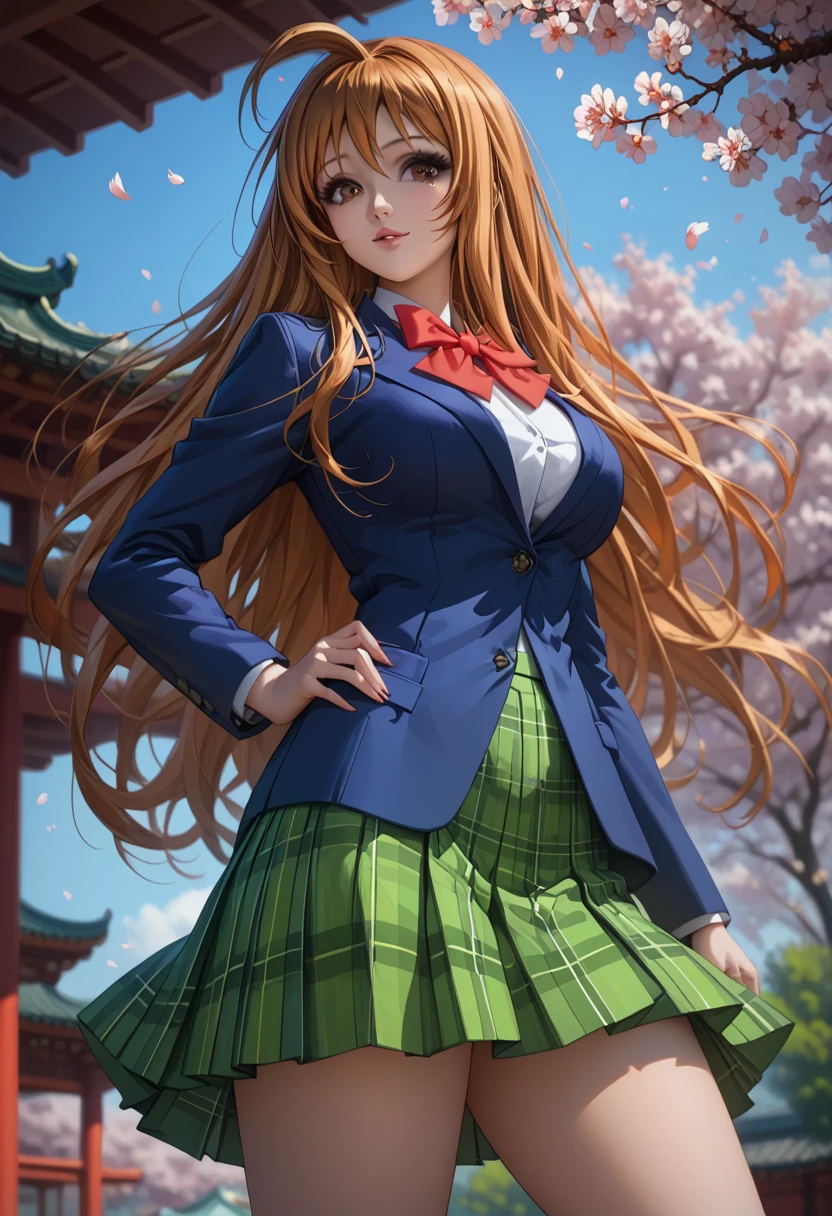 score_9, score_8_up, score_7_up, 1girl, solo, beautiful waifu, thicc, tall, mature sexy woman, (Aya Natsume, natsume aya, orange hair, long hair, brown eyes, ahoge:1.2), wearing (white school uniform, skirt, short skirt, bow, plaid, green plaid skirt:1.1), (blue blazer:1.1), detailed eyes, detailed face, flirt, (sexy pose:1.2), in beautiful Kyoto park, cherry blossoms, lowlight, early evening, shallow depth of field, (low angle:1.2).