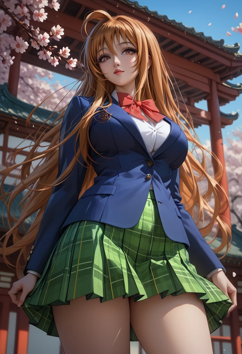 score_9, score_8_up, score_7_up, 1girl, solo, beautiful waifu, thicc, tall, mature sexy woman, (Aya Natsume, natsume aya, orange hair, long hair, brown eyes, ahoge:1.2), wearing (white school uniform, skirt, short skirt, bow, plaid, green plaid skirt:1.1), (blue blazer:1.1), detailed eyes, detailed face, flirt, (sexy pose:1.2), in beautiful Kyoto park, cherry blossoms, lowlight, early evening, shallow depth of field, (low angle:1.2).