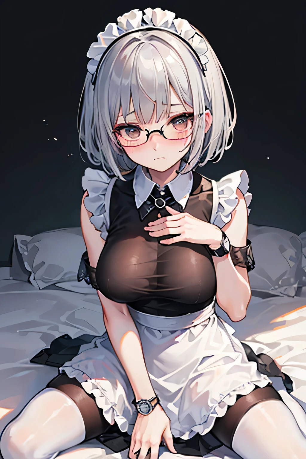( masterpiece ), ( top quality), ( super detailed), Slender woman 、、(((Big Breasts、 Maid Wearing Glasses 、 black maid clothes 、 sleeveless maid clothes 、 White apron dress coming out of the pool 、 black stockings 、 miniskirt、 Silver Hair、 Bob with Bangs 、Even bangs、 Full of bangs )))、smile 、((( sit on a bed、 sit on your knees 、 hold down the skirt with both hands 、 embarrassed expression、 watches viewers ))) 、#woman、transparent bodystocking
see-through, bodystocking 、 down blouse
loose t-shirt 、
slouching 、 、 shirt
Pull the sweater
winds
Lift to the wind
