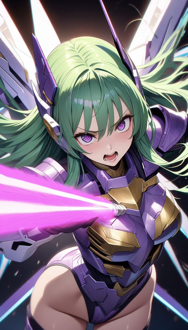 masterpiece、highest quality、Ultra-high resolution、Maximum resolution、Very detailed、Professional Lighting、anime、Adult female、thin、so beautiful、Annoyed face、Through clenched teeth、White and purple enamel high leg leotard、Purple pattern、((Cyber Armor))、Shiny Armor、White decoration、Cyber Headgear、Skin is visible from the shoulders、Gold earrings、Green Hair、Long Hair、Purple Ideam Chest、Pink Lips、White Cape、With a shiny shield、With a beam saber、On the back grows large feathers、Dynamic pose、