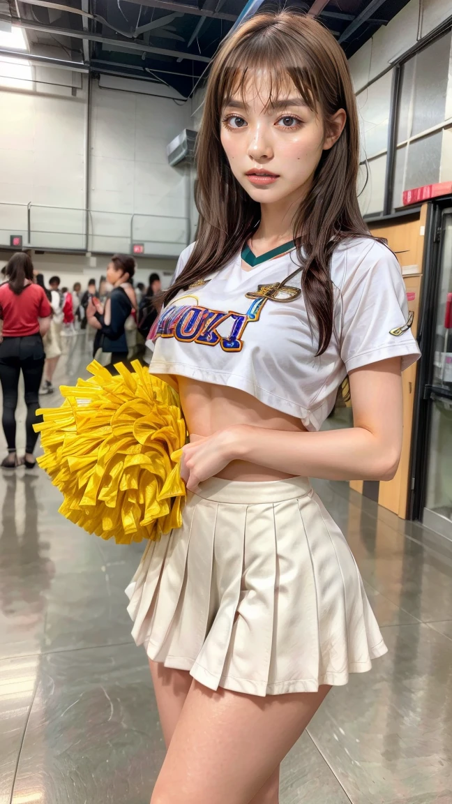 A beautiful young Japanese woman, 20 years old, with perfect anatomy, healthy thighs, beautiful feet, flawless skin, random hair color and style, large bust, (she is standing:1.2), wearing a cheerleader uniform with micro-pleated miniskirt, in a full body shot, standing in a stadium, (best quality,4k,8k, highres, masterpiece:1.3), (extremely detailed:1.2)