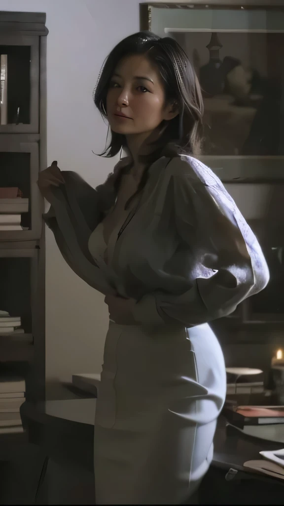  30 year old Japanese woman, She appears to be unbuttoning and taking off her silk printed blouse.,He is staring at the man standing at the entrance of the room and has a provocative expression, A white silk camisole with a loose neckline exposing her cleavage.,A tight skirt clinging to the lower half of her body., A woman leaning with her buttocks on a table in a dimly lit reception room., Her hair, back and buttocks are shining in the backlight.,超 High Quality , masterpiece, ultra  high definition , (Realistic: 1.4),  very detailed CG Unity 8k wallpaper, It&#39;s detailed and complex,  original ,  high definition ,  RAW photos , ( Completate), Delicate and complex,  DSLR ,  soft lighting,  High Quality ,  film particles ,  depth of field, Leica Camera, 50mm lens, Backlight,  high definition ,  surreal, Color Grade,  dynamic poses , Portraiture,