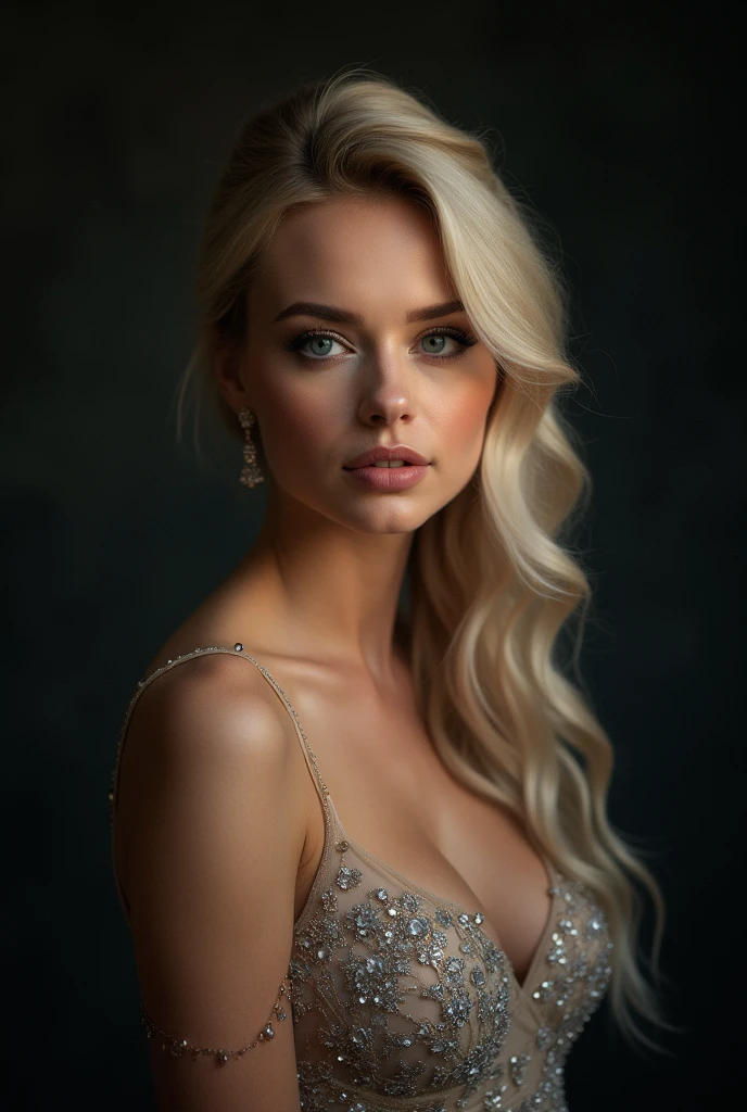 beautiful woman, blonde hair, black dress, sensual pose, detailed facial features, piercing eyes, seductive expression, elegant, graceful, alluring, feminine,high fashion, glamour, cinematic lighting, dramatic shadows, muted color palette, dark moody atmosphere, cinematic, photorealistic, 8k, high quality, masterpiece