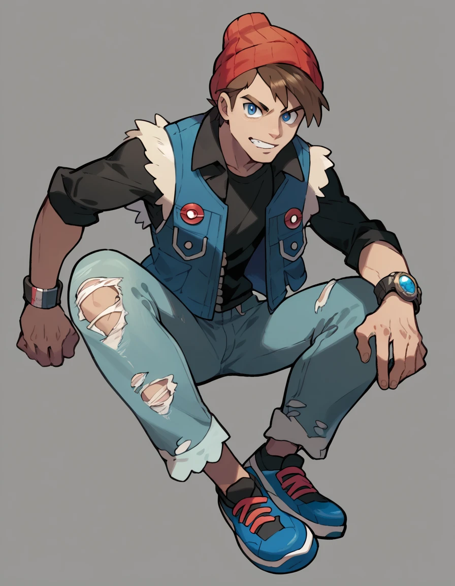 Pokemon Official Arts Style ,Solo ,human Male 20 Years ,Adolescent   , Brown Hair , wearing red  beanie ,(( wearing dark blue denim vest  )),blue pupils ,Simple background, Black shirt ,Full body ,ripped pants 