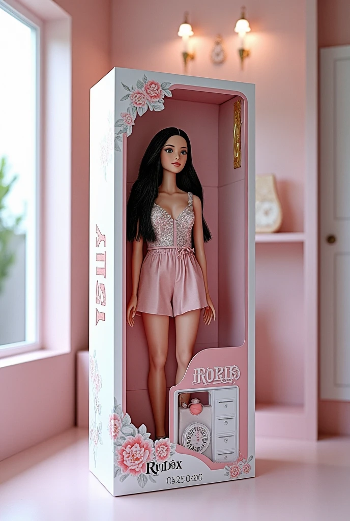 (best quality, 4k, 8k, high resolution, masterpiece: 1.2), ultra detailed, (realistic, photorealistic, photorealistic: 1.37), professional photography.A highly detailed and realistic doll box design. The box is sleek, modern, and premium, with a transparent window showcasing a beautiful, lifelike doll inside. The doll has long, flowing hair, dressed in elegant clothing with intricate details. The packaging includes soft pastel colors with gold accents, stylish typography, and delicate floral patterns. Branding and labels are professionally placed, emphasizing luxury and high-quality craftsmanship. The box is well-lit, with soft shadows and highlights to enhance its realism. Photorealistic textures and impeccable attention to detail.