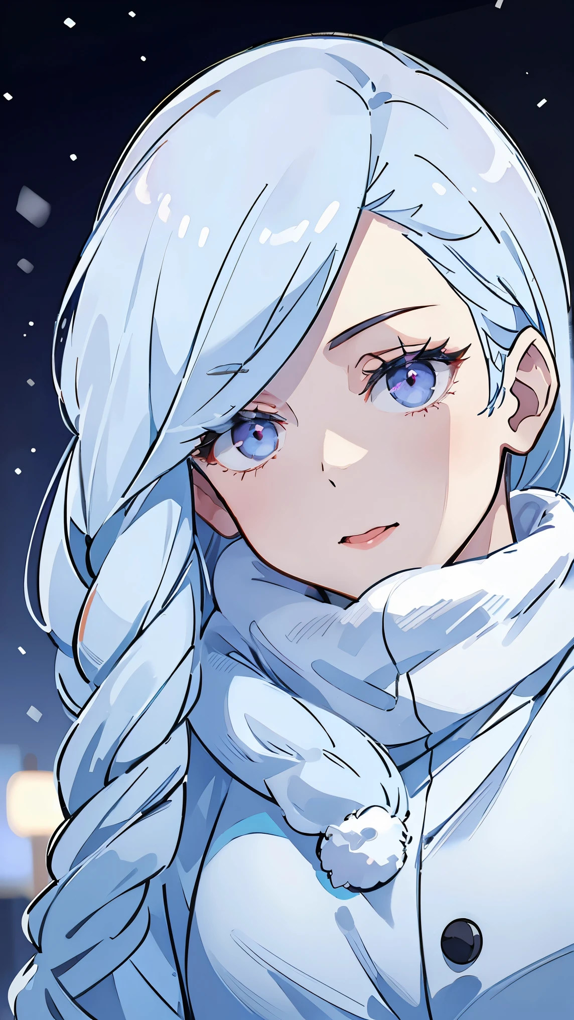 Woman,alone,Mei Mei,white hair,Fashion Winter Clothing,winter,snow,city,night,street, neon lights,Very details, top quality, high precision, beautiful lighting, realistic shade, high precision, detailed skin, very detailed, faces and detailed eyes, realistic eyes, cowboy shot