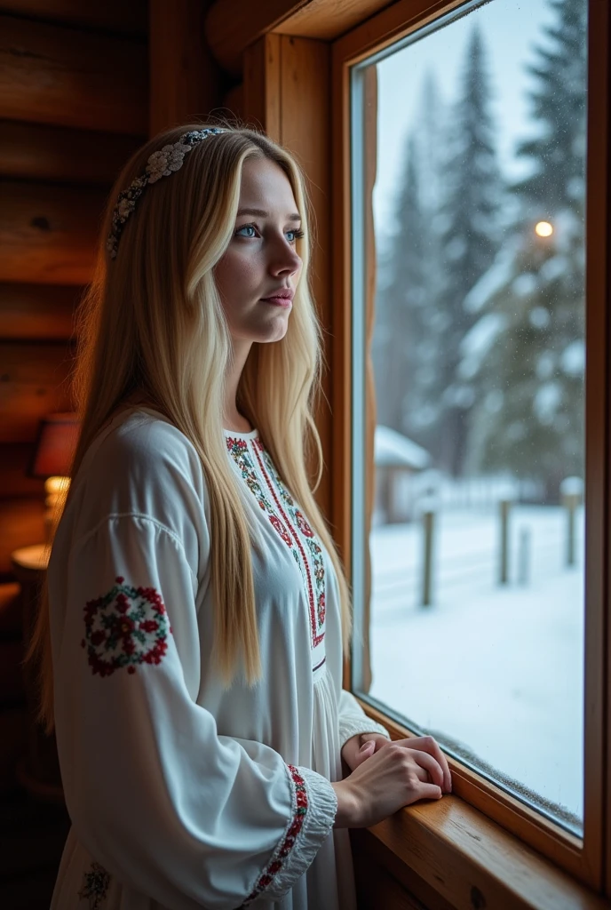  a young white woman with blond hair and long straight hair、 wearing a traditional embroidered dress 。She has a calm look、Standing by a window with a view of a snowy forest 、 depicting how she is thinking about the serenity of the night 。 The wooden interior of the log house is visible in the background 、 the moonlight gently shines into the room 。
