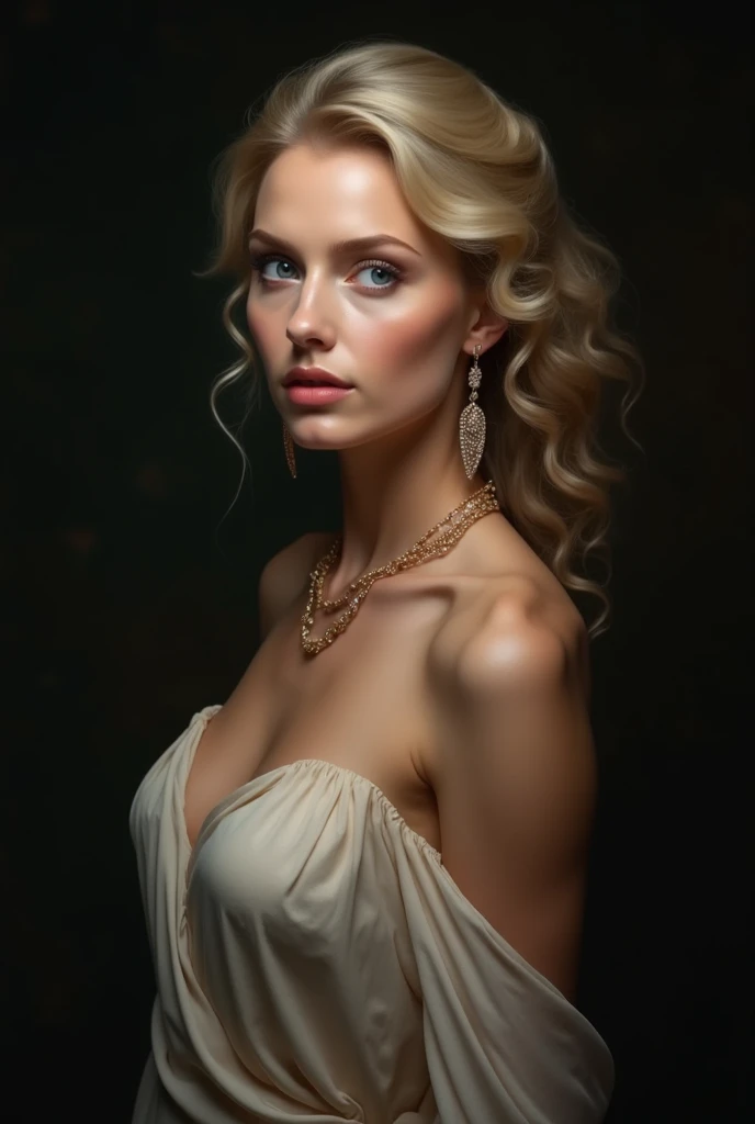 Photo from the neck to the bottom of the chest with golden hair, beautiful breasts and drops on the skin, with a chain around the neck and a dark light