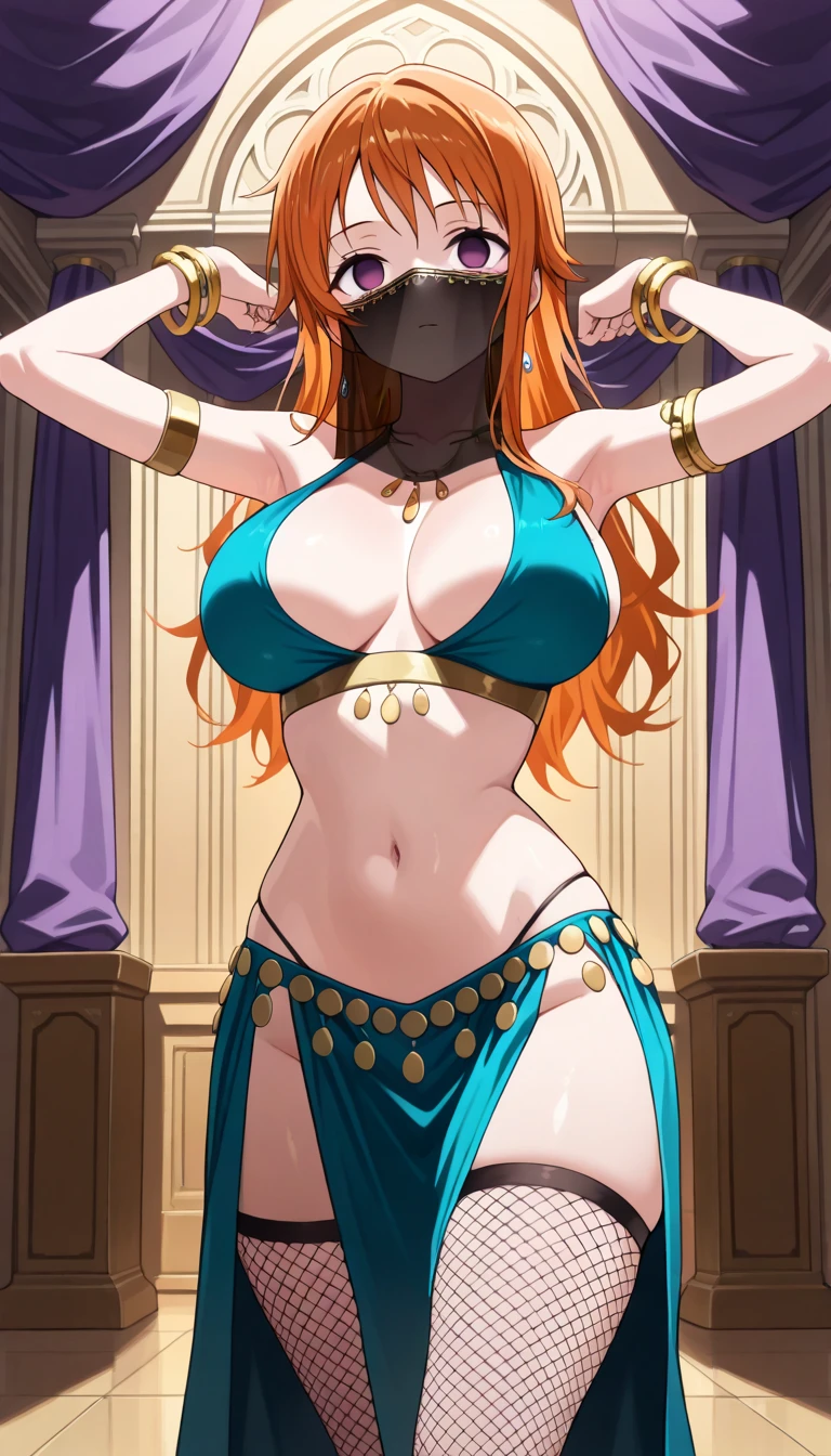  1 girl in uniform, Alone,Nami\( dress\), Thin Waist ,  underbust pose,  thigh-length socks ,Big Breasts,(( Empty Eyes)),expressionless,(( black belly dancer , Facial veil)), black underwear,  fishnet stockings,(Two Breasts ), No pubic hair, dy私たちc pose,dark restaurant ,(Purple Foggy  ),   masterpiece  ,  top quality,  amazing quality ,  very aesthetic,  absurd,  orange hair